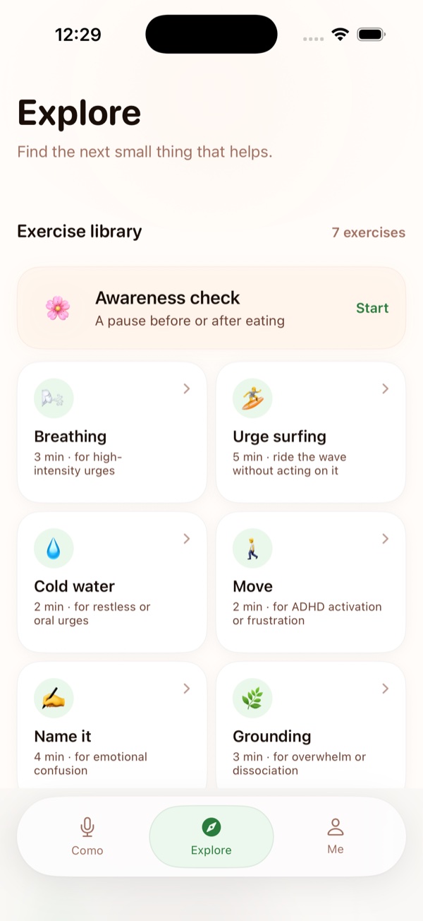 Explore tab showing the exercise library with awareness check, breathing, urge surfing, cold water, move, name it, and grounding