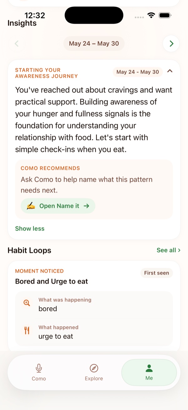 Insights screen with an awareness journey summary, a Como recommendation, and a habit loop card