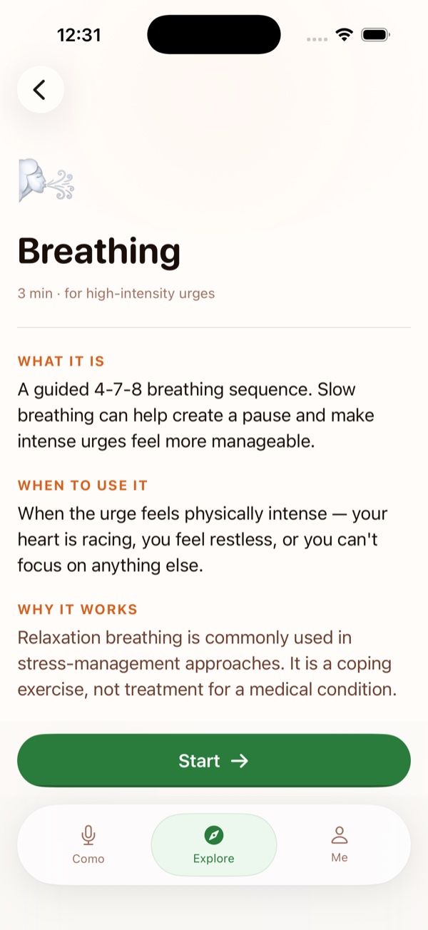 Breathing exercise detail screen with what it is, when to use it, why it works, and a start button