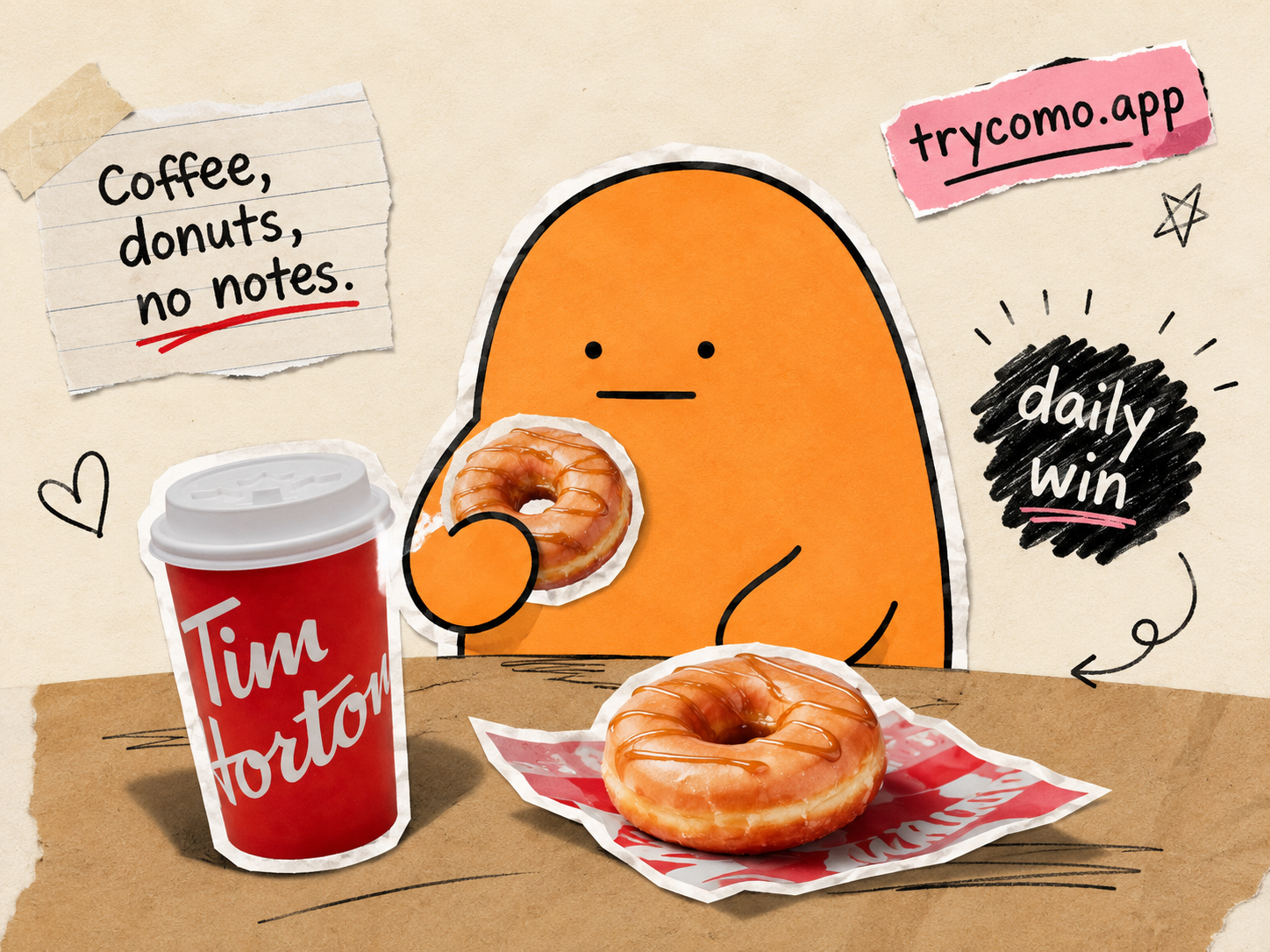 Como illustration with coffee, doughnuts, and a note that says Coffee, donuts, no notes.